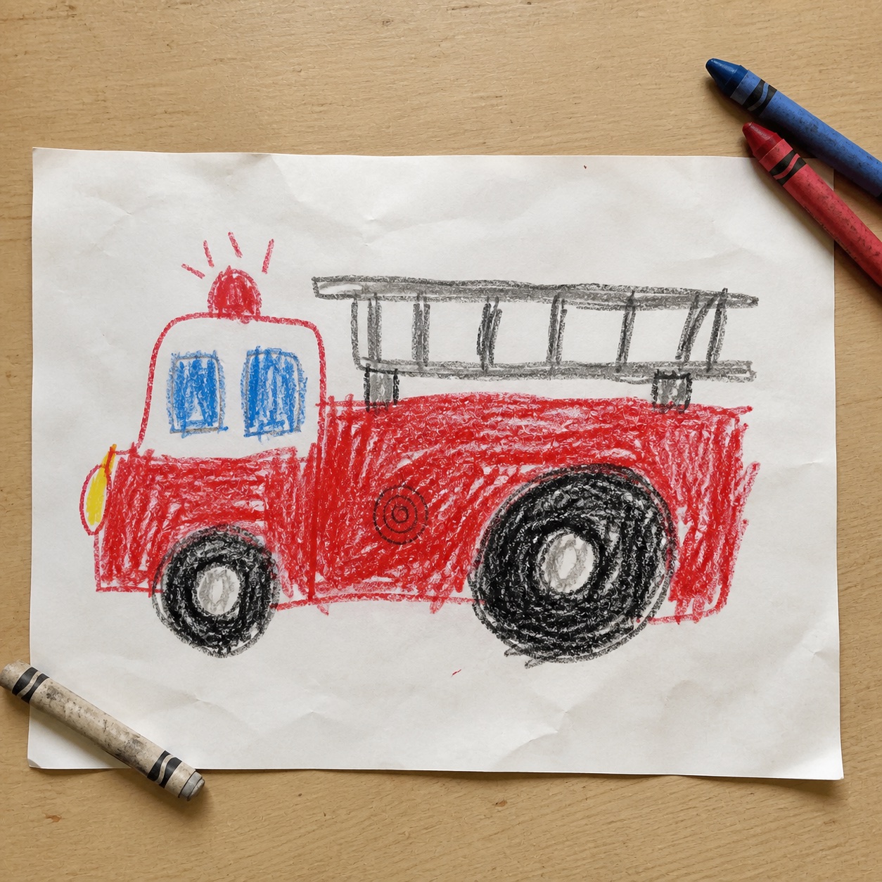 A child’s red fire-engine drawing on paper with crayons