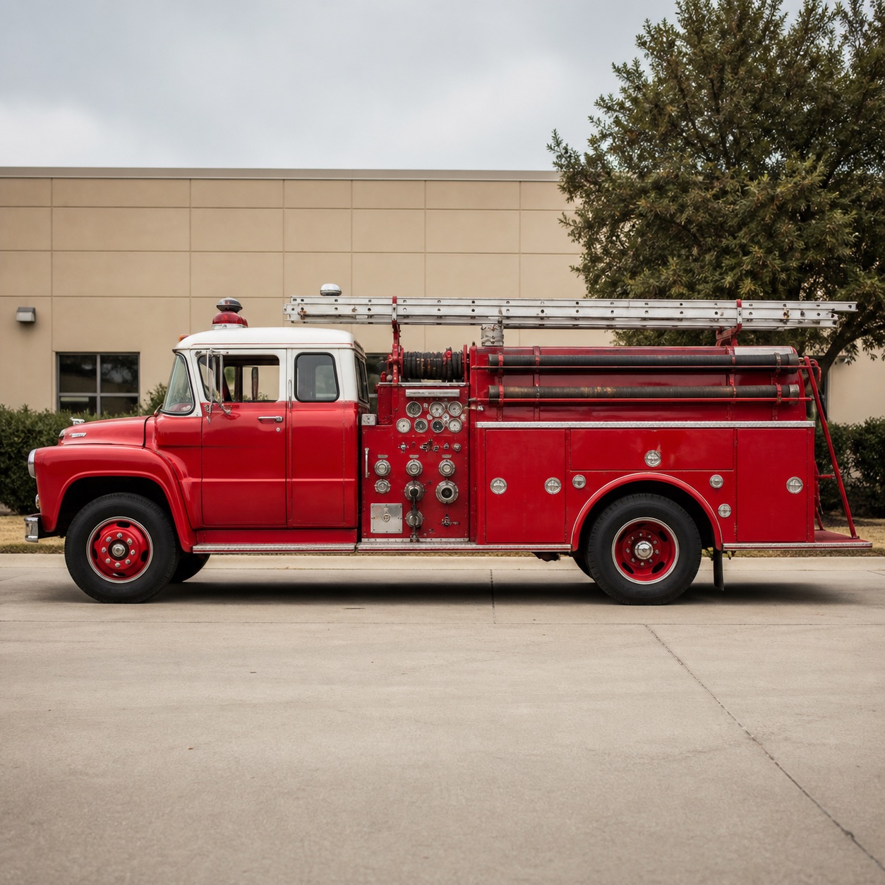 A red fire engine photographed outdoors